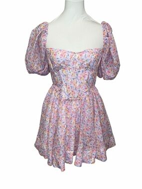 Bardot Corset Pink Floral Puff Sleeve Mini Dress